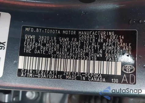 2015 Toyota Corolla L from USA, damaged, VIN 2T1BURHE2FC233619
